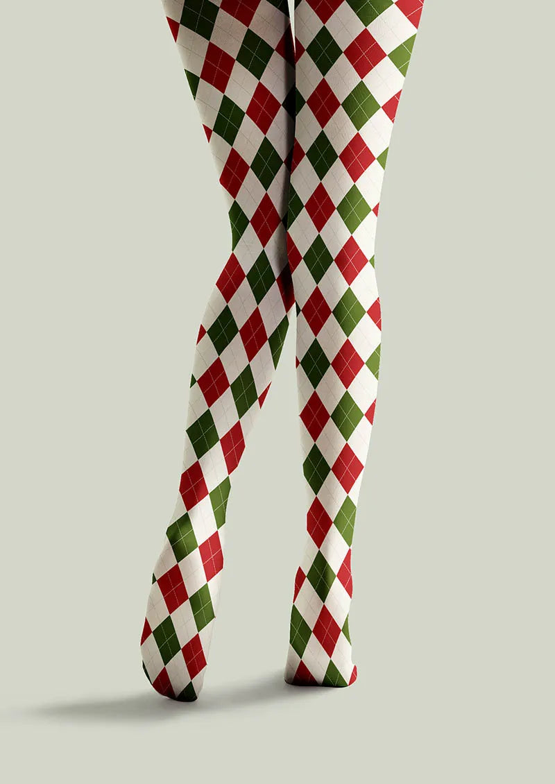 Viken Plan Christmas Holly Jolly Grid Patterned Tights Hosiery Pantyhose