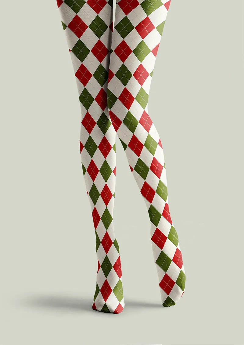 Viken Plan Christmas Holly Jolly Grid Patterned Tights Hosiery Pantyhose