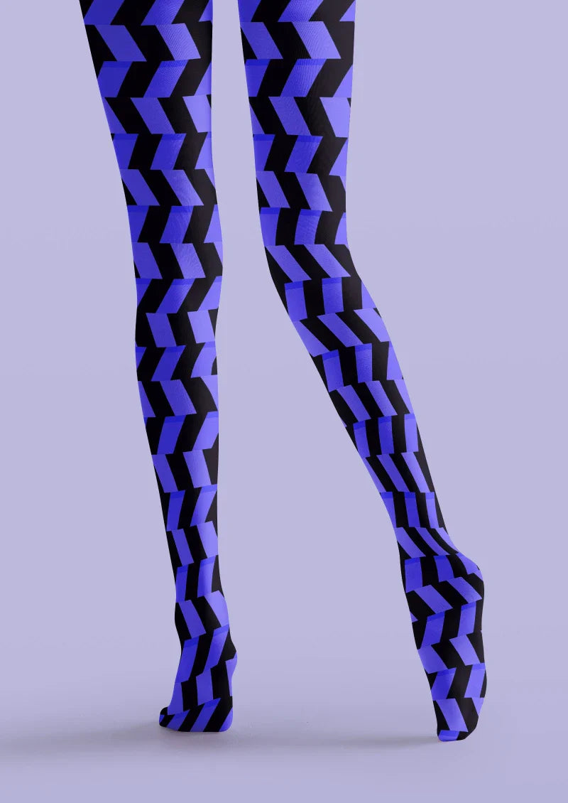 Viken Plan Blue Black Geometric Wave Tights Hosiery Pantyhose