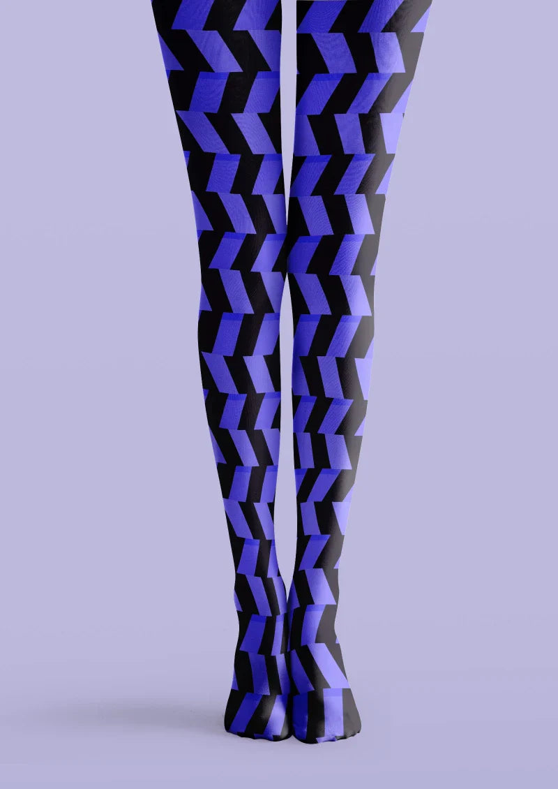 Viken Plan Blue Black Geometric Wave Tights Hosiery Pantyhose