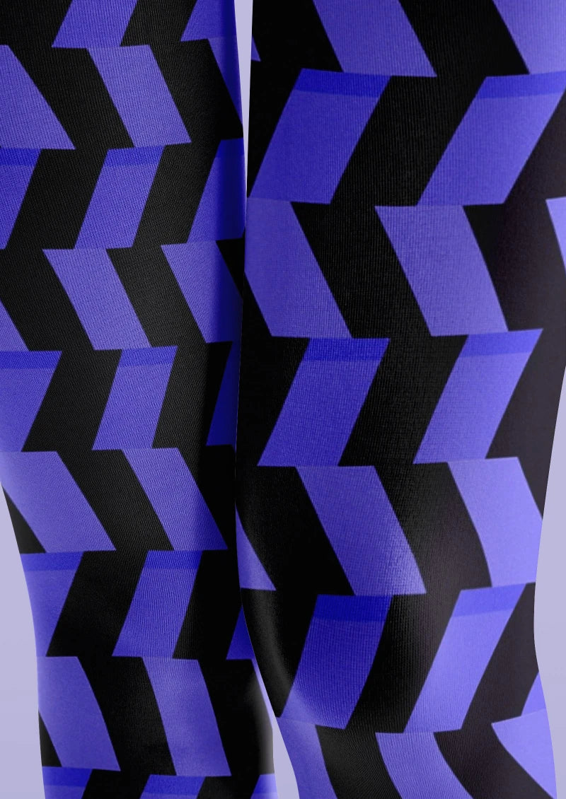 Viken Plan Blue Black Geometric Wave Tights Hosiery Pantyhose