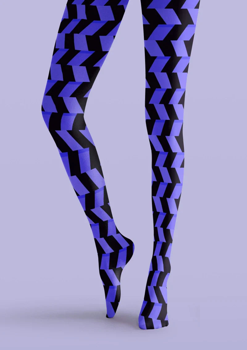 Viken Plan Blue Black Geometric Wave Tights Hosiery Pantyhose