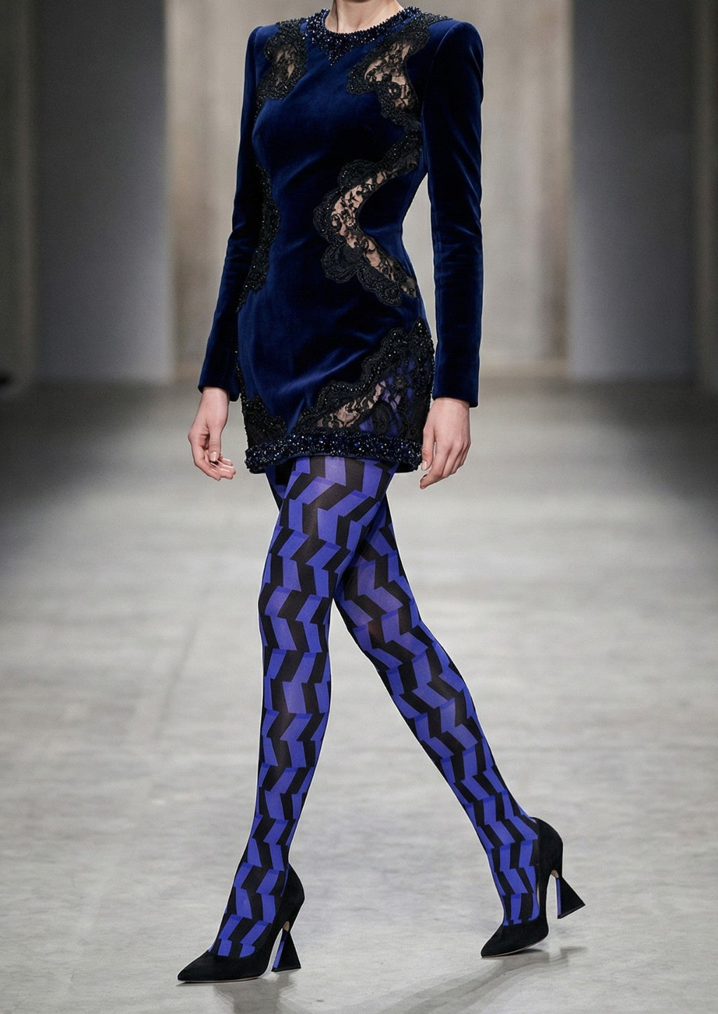 Viken Plan Blue Black Geometric Wave Tights Hosiery Pantyhose
