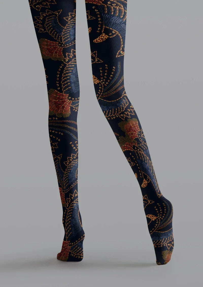 Viken Plan Navy Floral Print Tights Hosiery Pantyhose