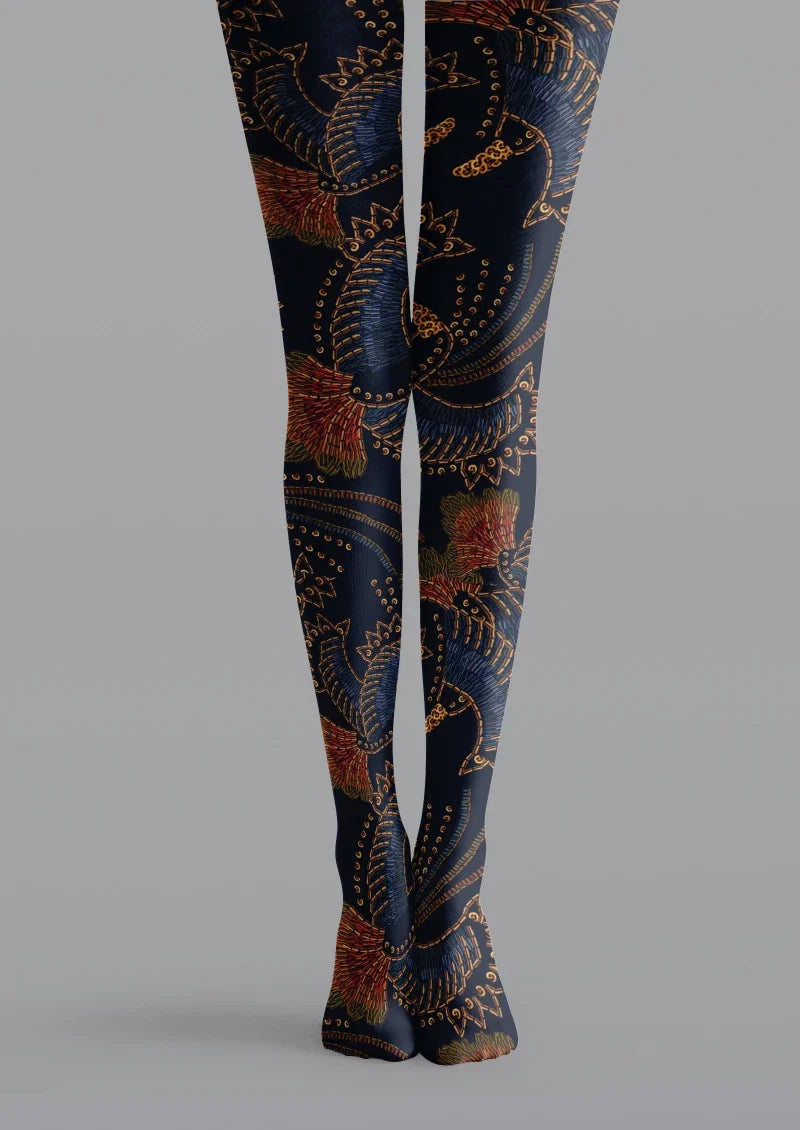 Viken Plan Navy Floral Print Tights Hosiery Pantyhose