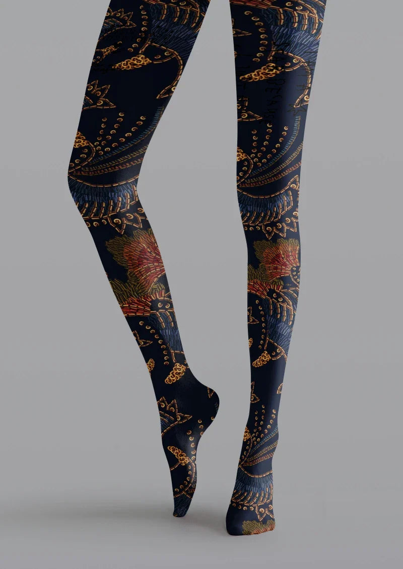 Viken Plan Navy Floral Print Tights Hosiery Pantyhose