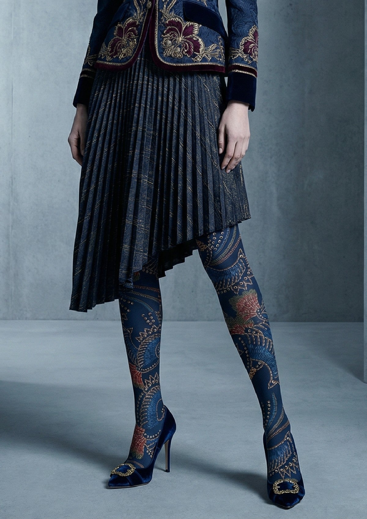 Viken Plan Navy Floral Print Tights Hosiery Pantyhose