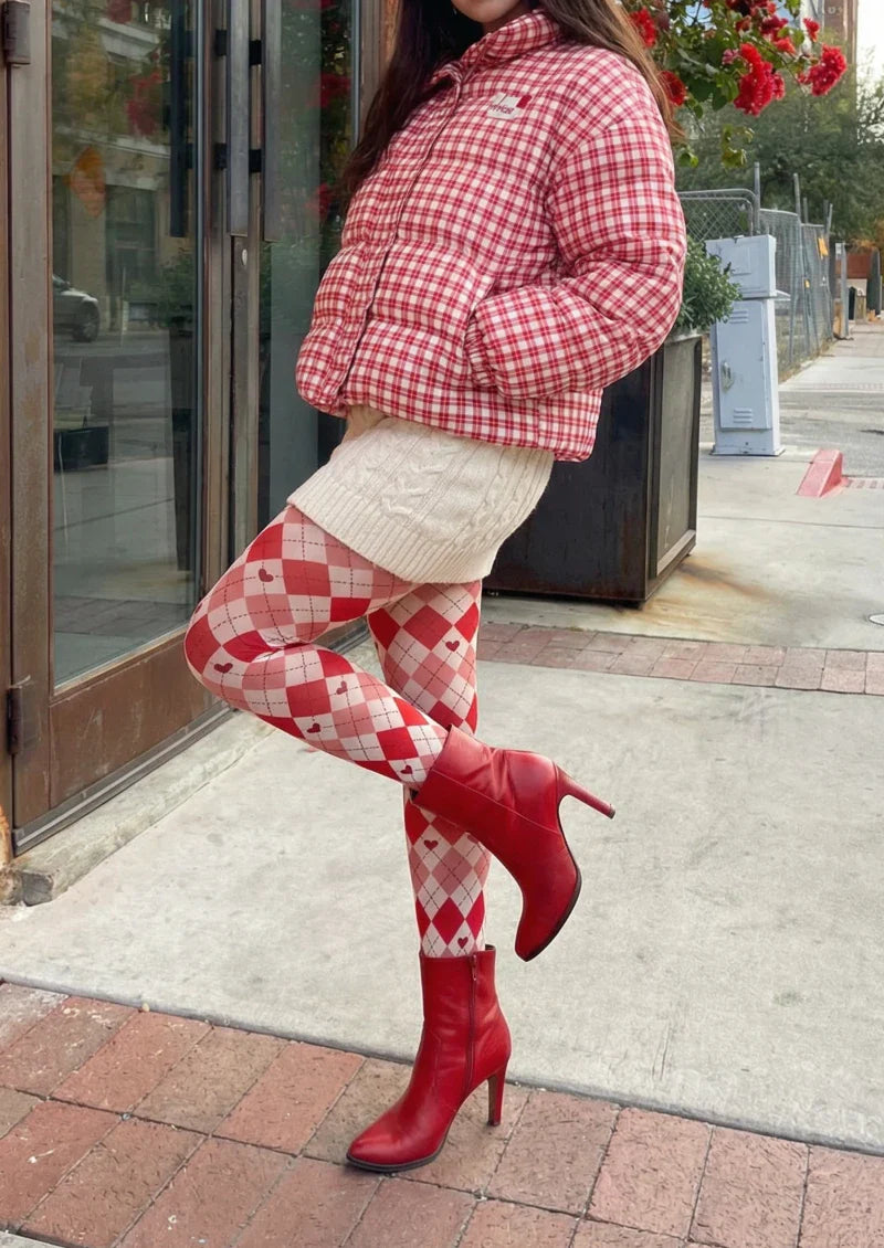 Viken Plan Red White Argyle Tights Hosiery Pantyhose