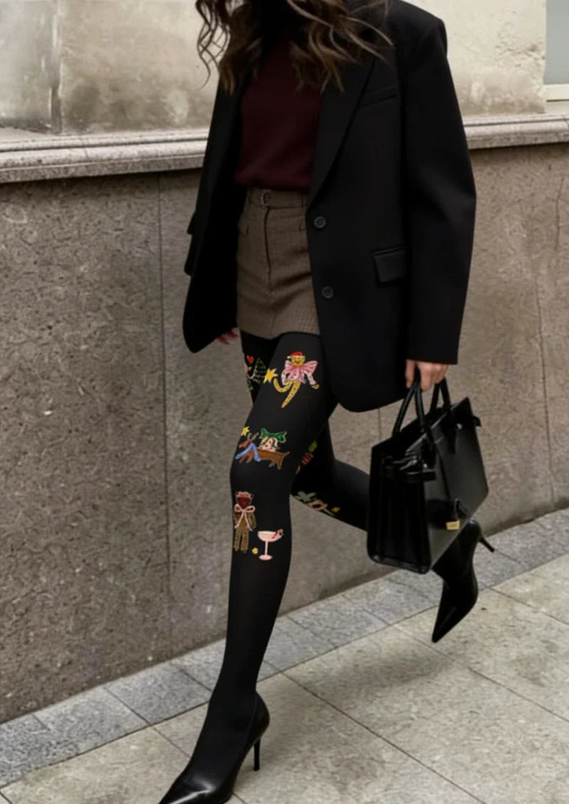 Viken Plan Black Decorative Graphic Tights Hosiery Pantyhose