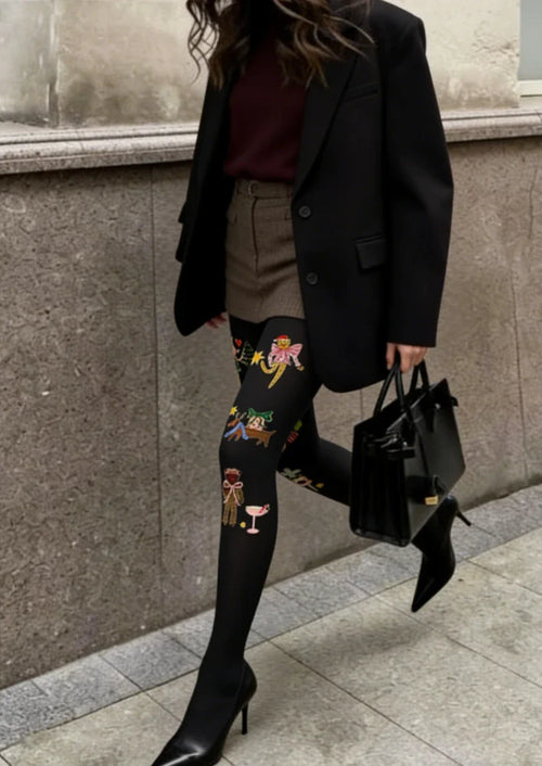 Viken Plan Black Decorative Graphic Tights Hosiery Pantyhose