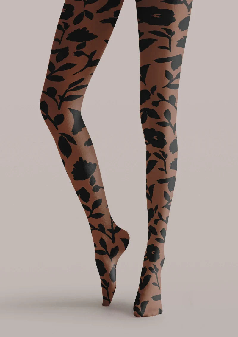 Viken Plan Brown Floral Graphic Tights Hosiery Pantyhose