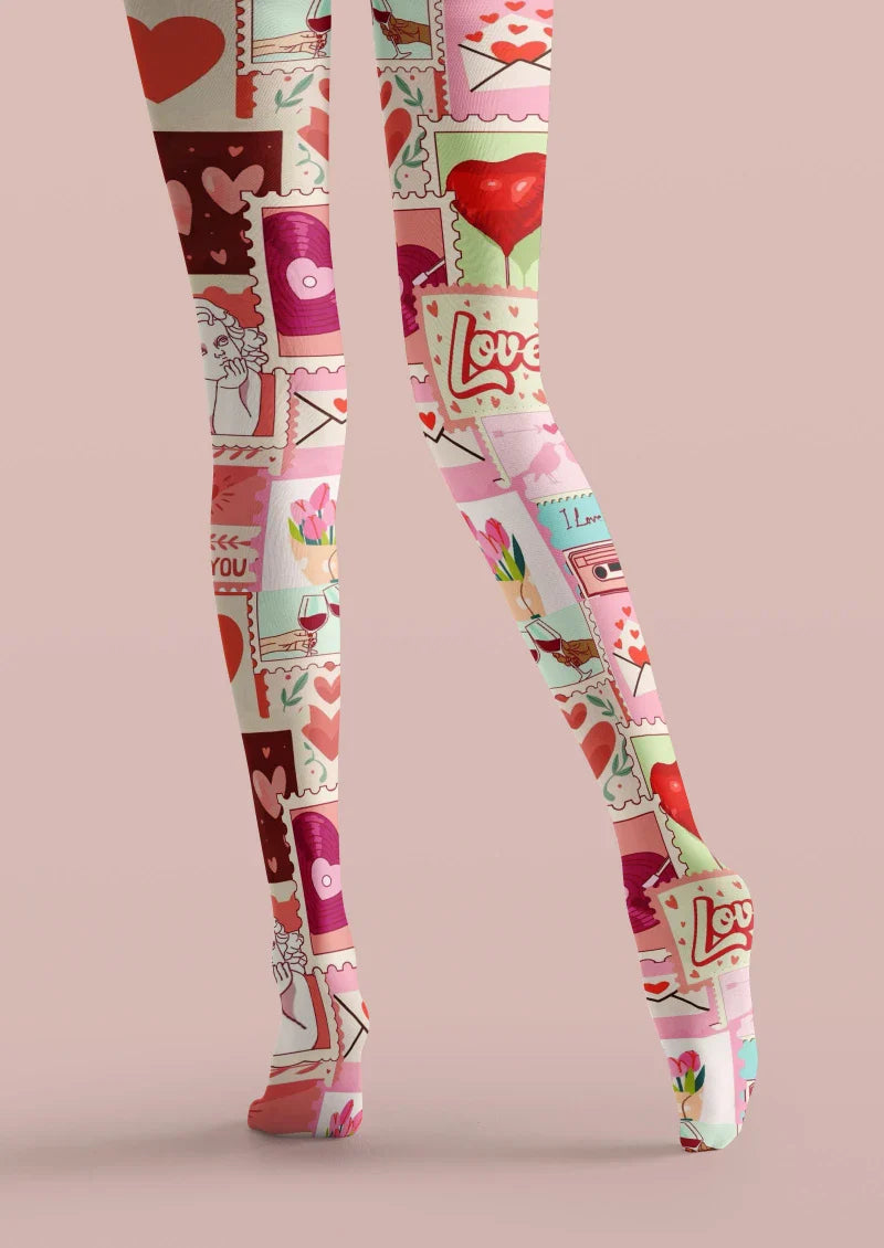 Viken Plan Pink Red Heart Graphic Tights Hosiery Pantyhose