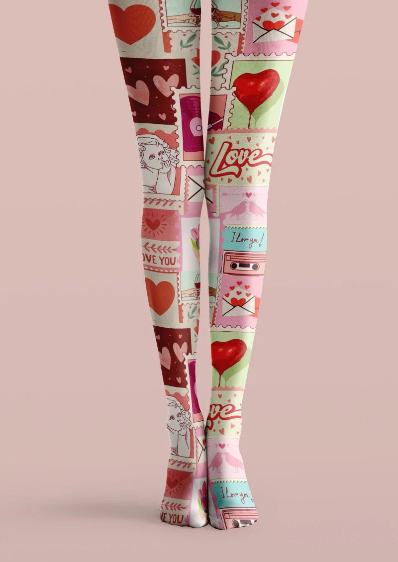 Viken Plan Pink Red Heart Graphic Tights Hosiery Pantyhose