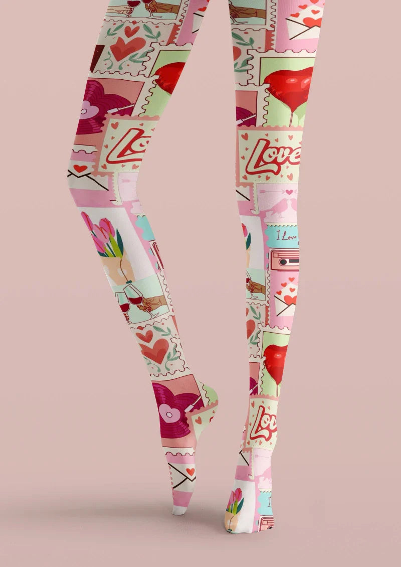 Viken Plan Pink Red Heart Graphic Tights Hosiery Pantyhose
