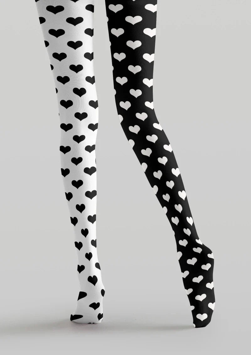 Viken Plan Black White Heart Graphic Tights Hosiery Pantyhose