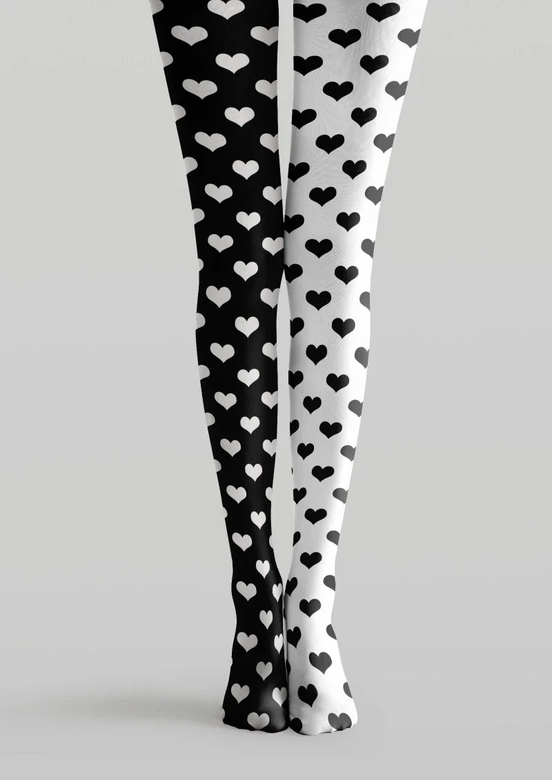 Viken Plan Black White Heart Graphic Tights Hosiery Pantyhose
