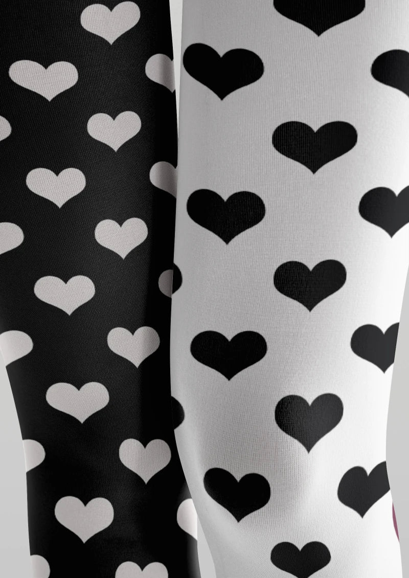Viken Plan Black White Heart Graphic Tights Hosiery Pantyhose
