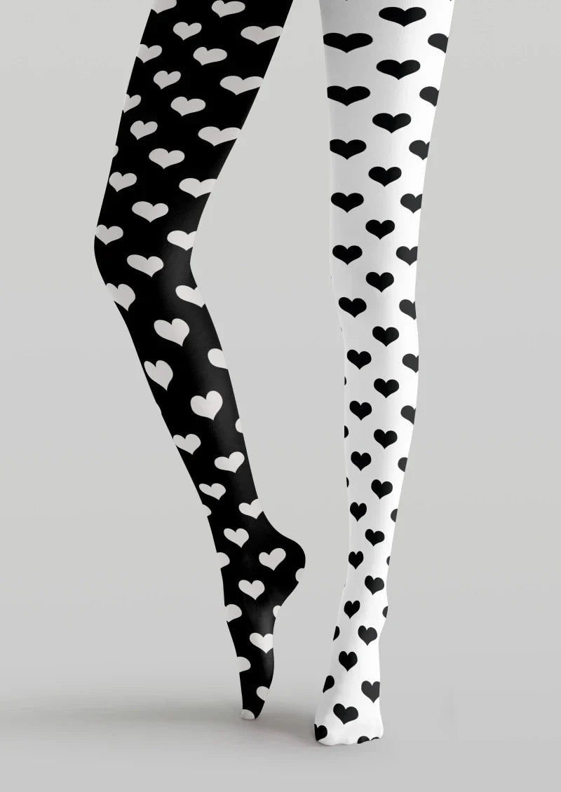 Viken Plan Black White Heart Graphic Tights Hosiery Pantyhose