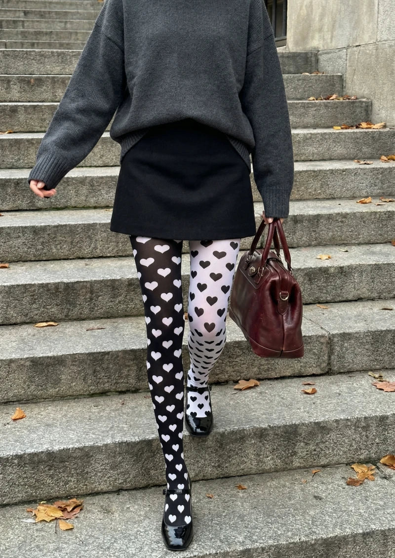 Viken Plan Black White Heart Graphic Tights Hosiery Pantyhose