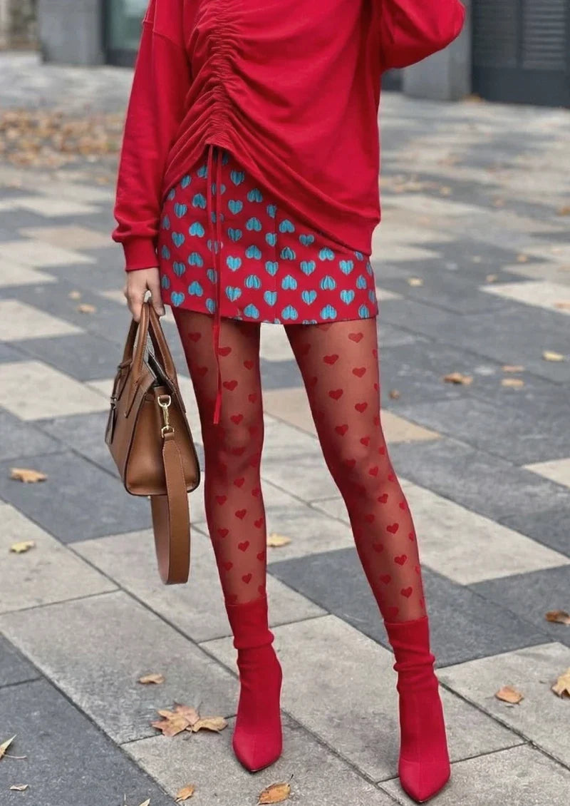 Viken Plan Red Heart Polka Dot Tights Hosiery Pantyhose