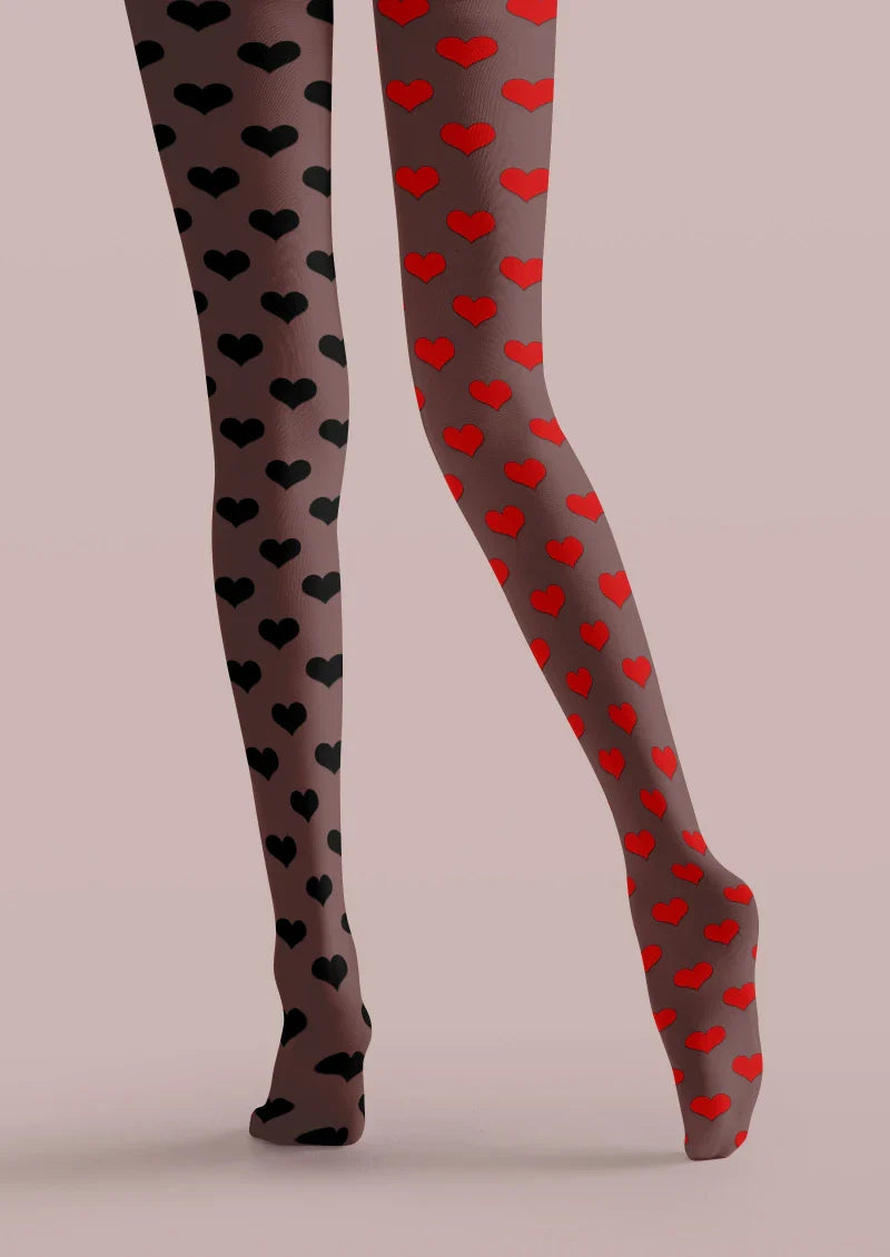 Viken Plan Black Red Heart Polka Dot Tights Hosiery Pantyhose