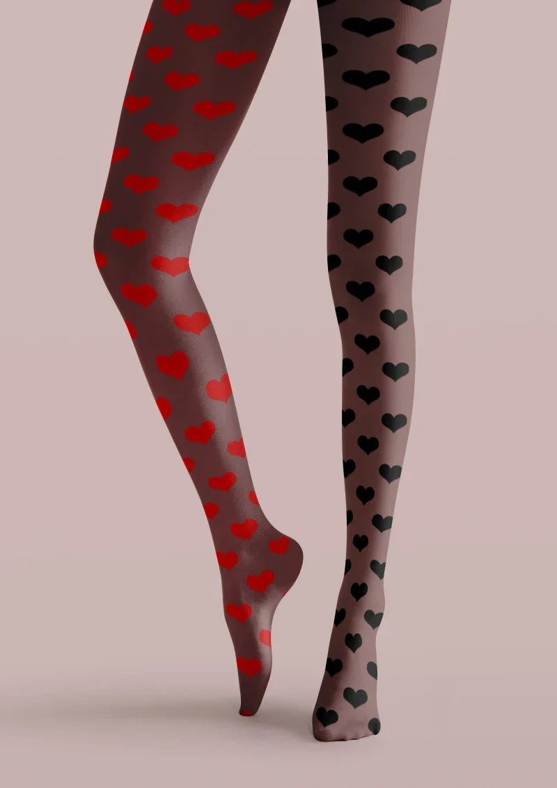 Viken Plan Black Red Heart Polka Dot Tights Hosiery Pantyhose