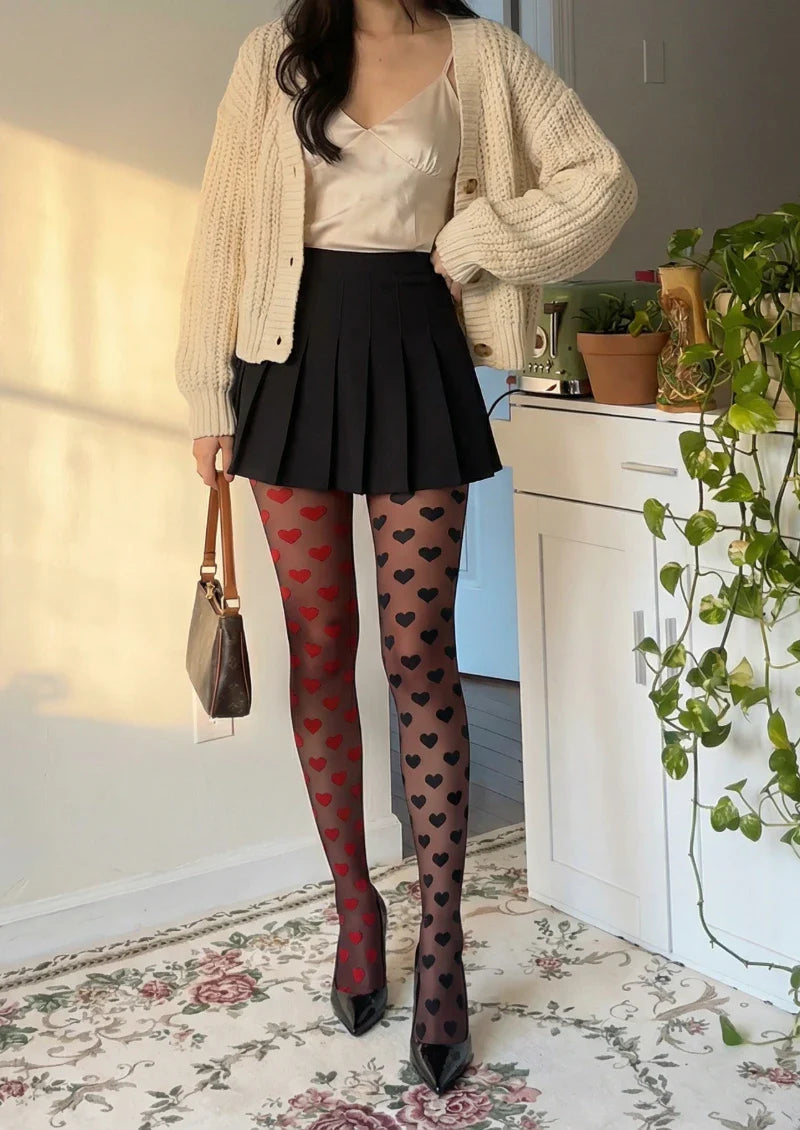 Viken Plan Black Red Heart Polka Dot Tights Hosiery Pantyhose