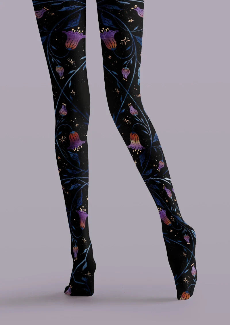 Viken Plan Black Floral Decor Graphic Tights Hosiery Pantyhose