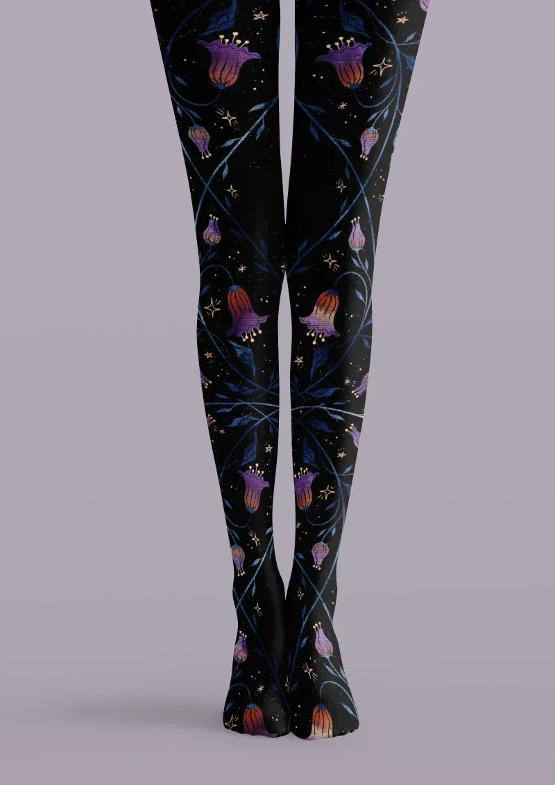 Viken Plan Black Floral Decor Graphic Tights Hosiery Pantyhose