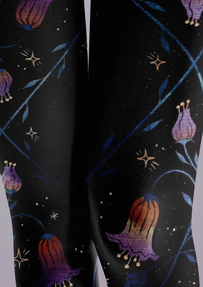 Viken Plan Black Floral Decor Graphic Tights Hosiery Pantyhose