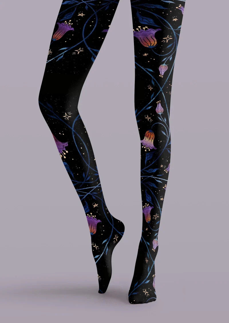 Viken Plan Black Floral Decor Graphic Tights Hosiery Pantyhose