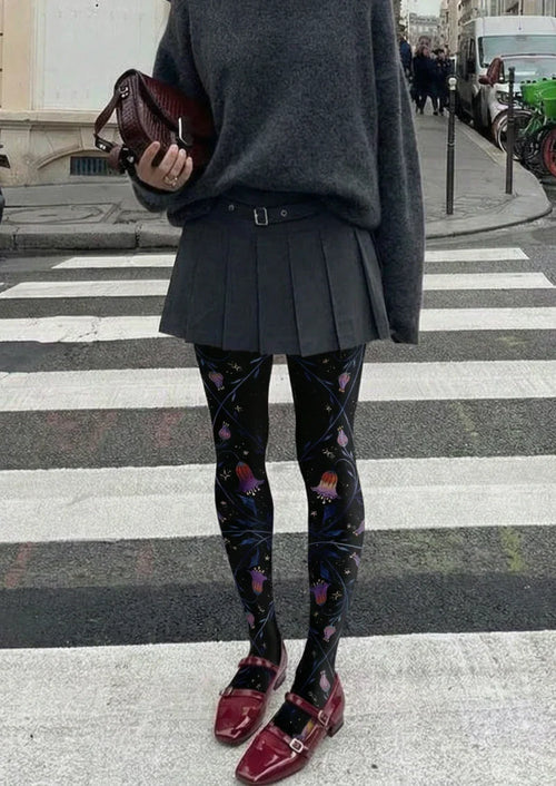 Viken Plan Black Floral Decor Graphic Tights Hosiery Pantyhose