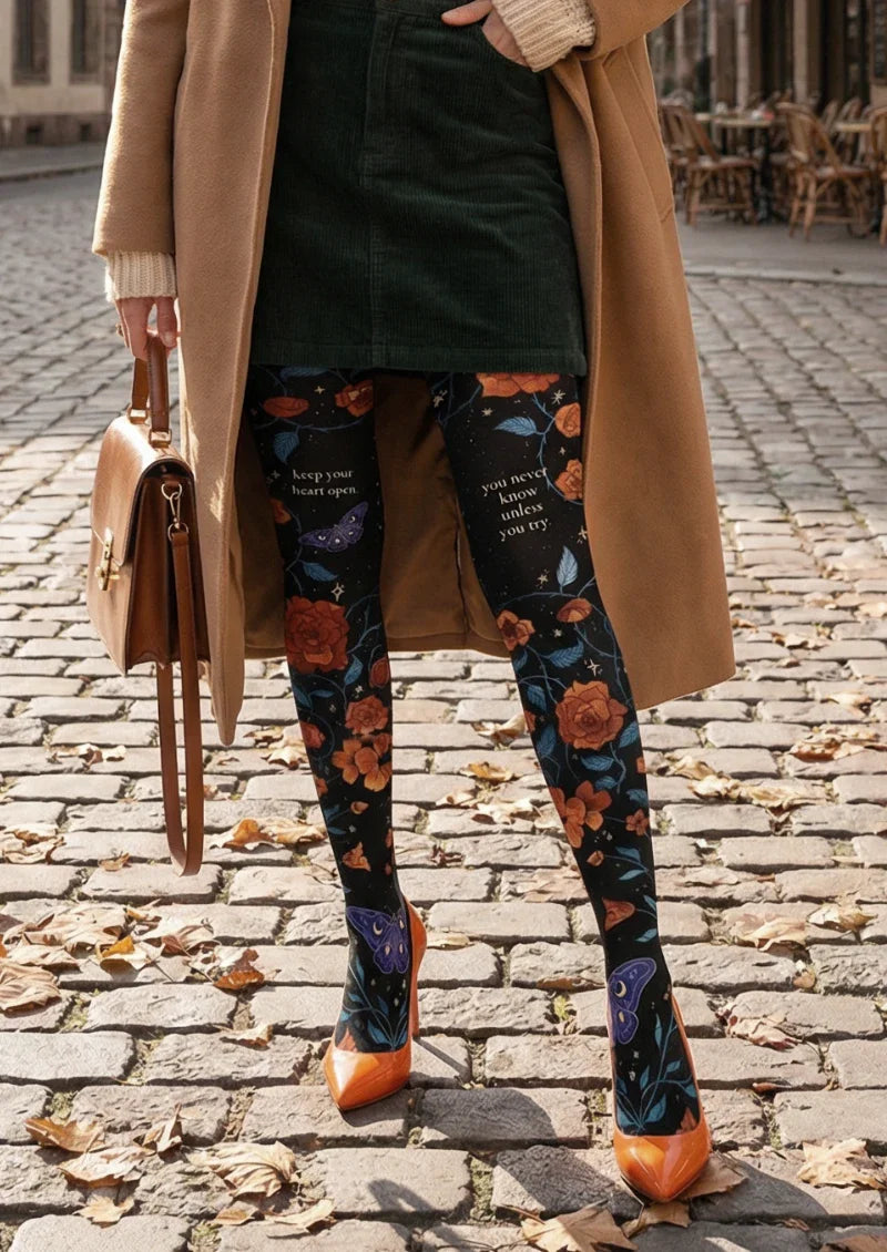 Viken Plan Black Colorful Floral Tights Hosiery Pantyhose