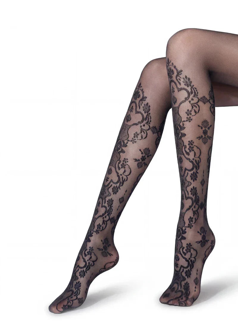 Viken Plan Elegant Cut-Out Floral Jacquard Sheer Pantyhose Tights Hosiery