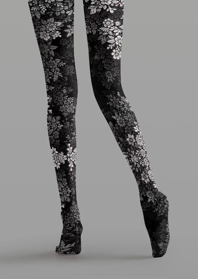 Viken Plan Black White Floral Tights Hosiery Pantyhose