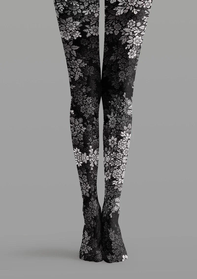 Viken Plan Black White Floral Tights Hosiery Pantyhose