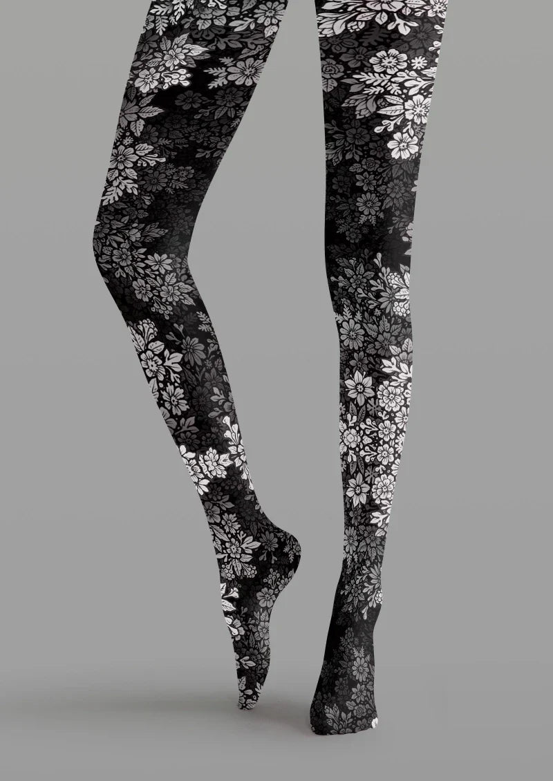 Viken Plan Black White Floral Tights Hosiery Pantyhose