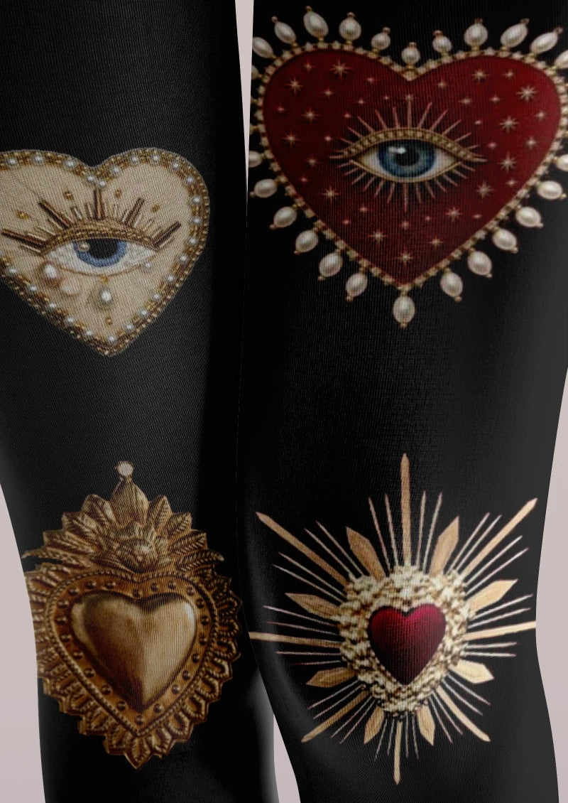 Viken Plan Black Heart Decor Graphic Tights Hosiery Pantyhose
