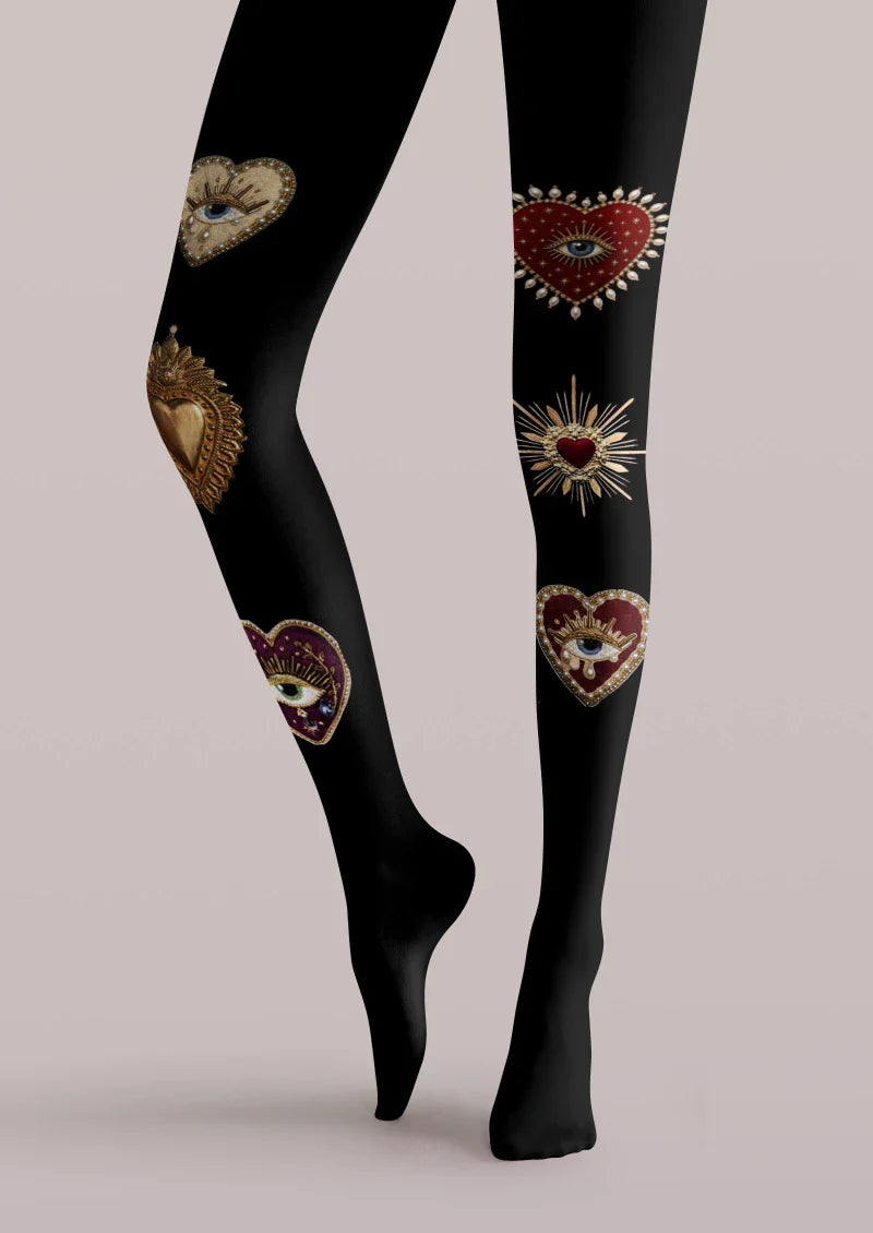 Viken Plan Black Heart Decor Graphic Tights Hosiery Pantyhose