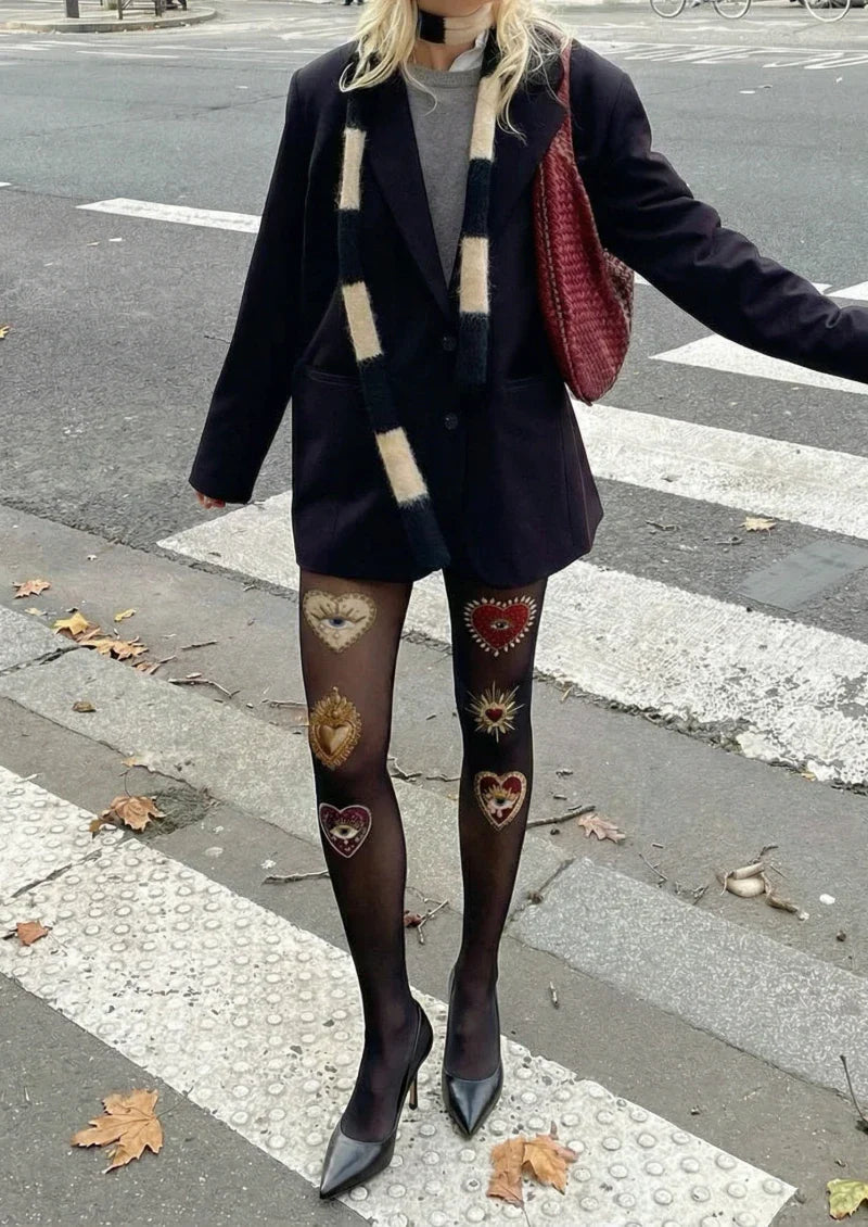 Viken Plan Black Heart Decor Graphic Tights Hosiery Pantyhose