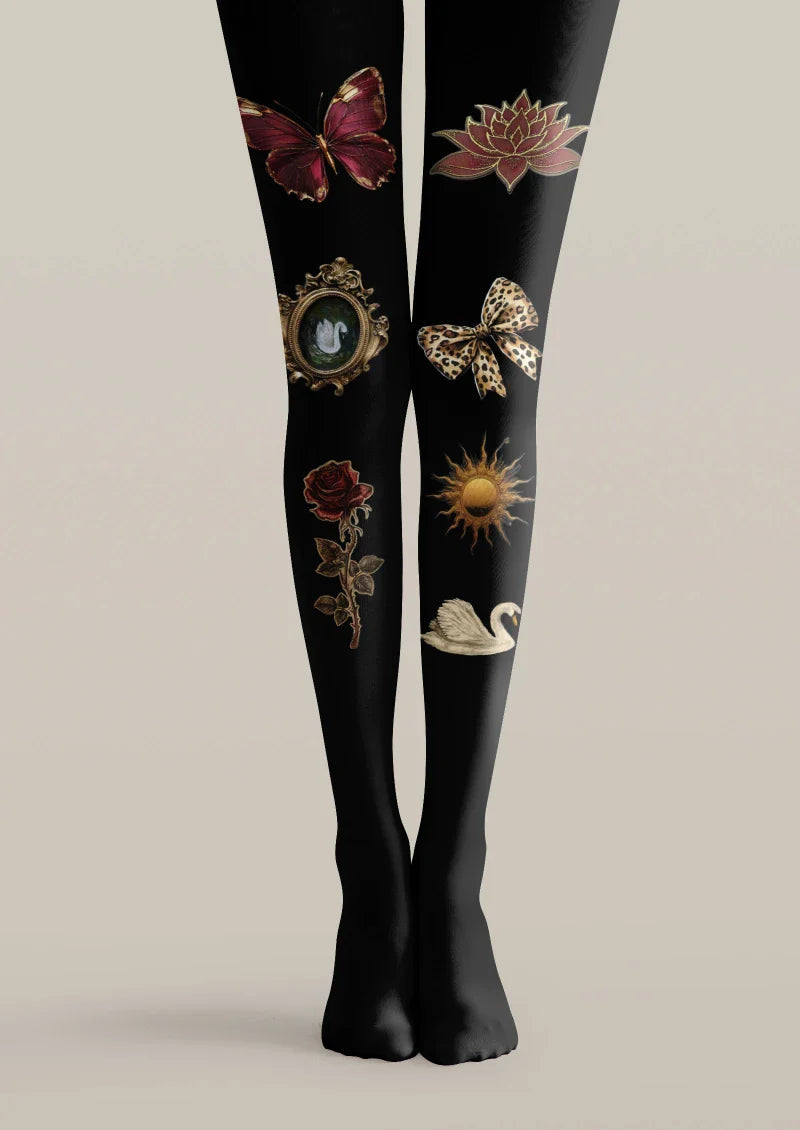Viken Plan Black Butterfly Floral Tights Hosiery Pantyhose