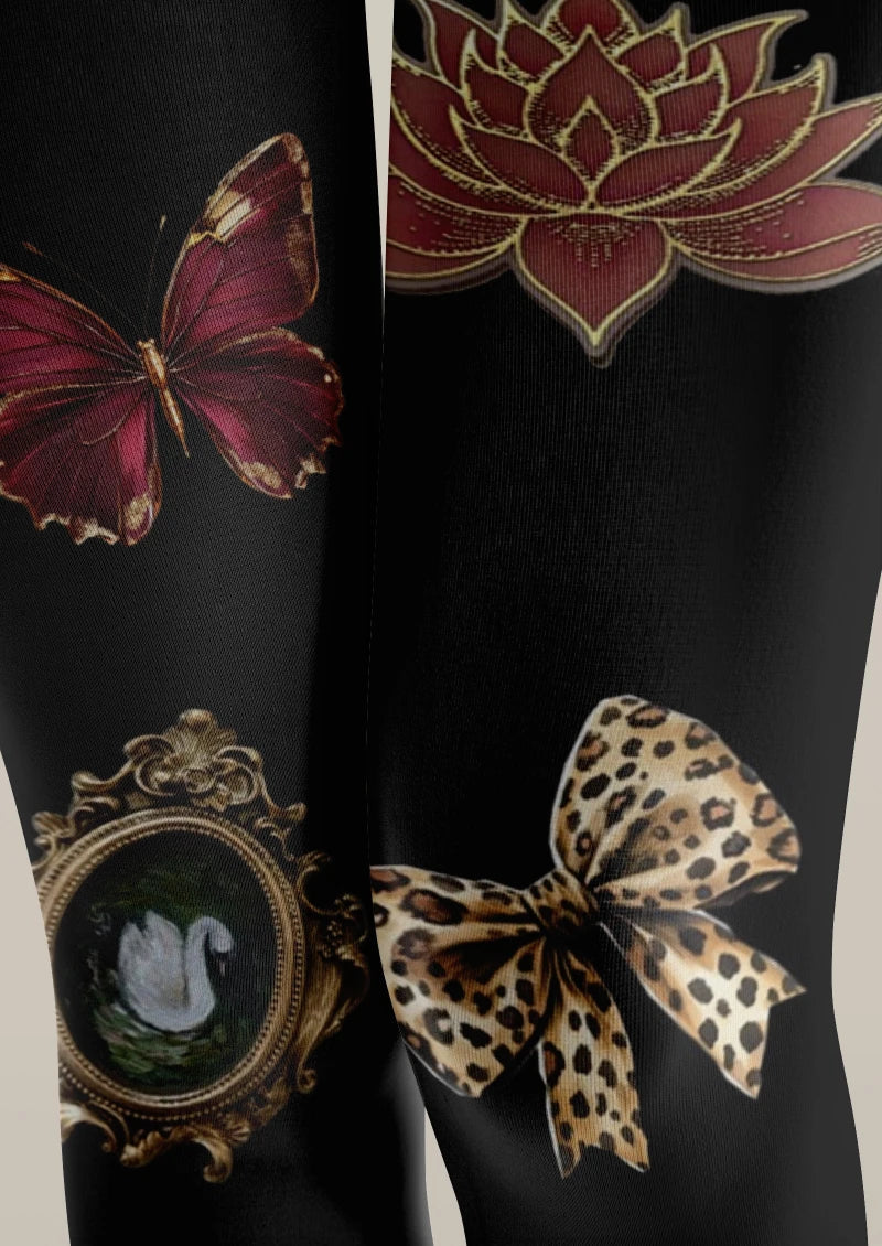Viken Plan Black Butterfly Floral Tights Hosiery Pantyhose