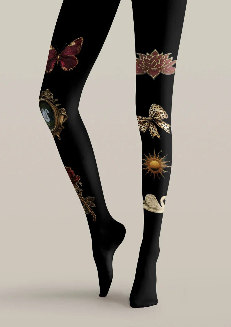 Viken Plan Black Butterfly Floral Tights Hosiery Pantyhose