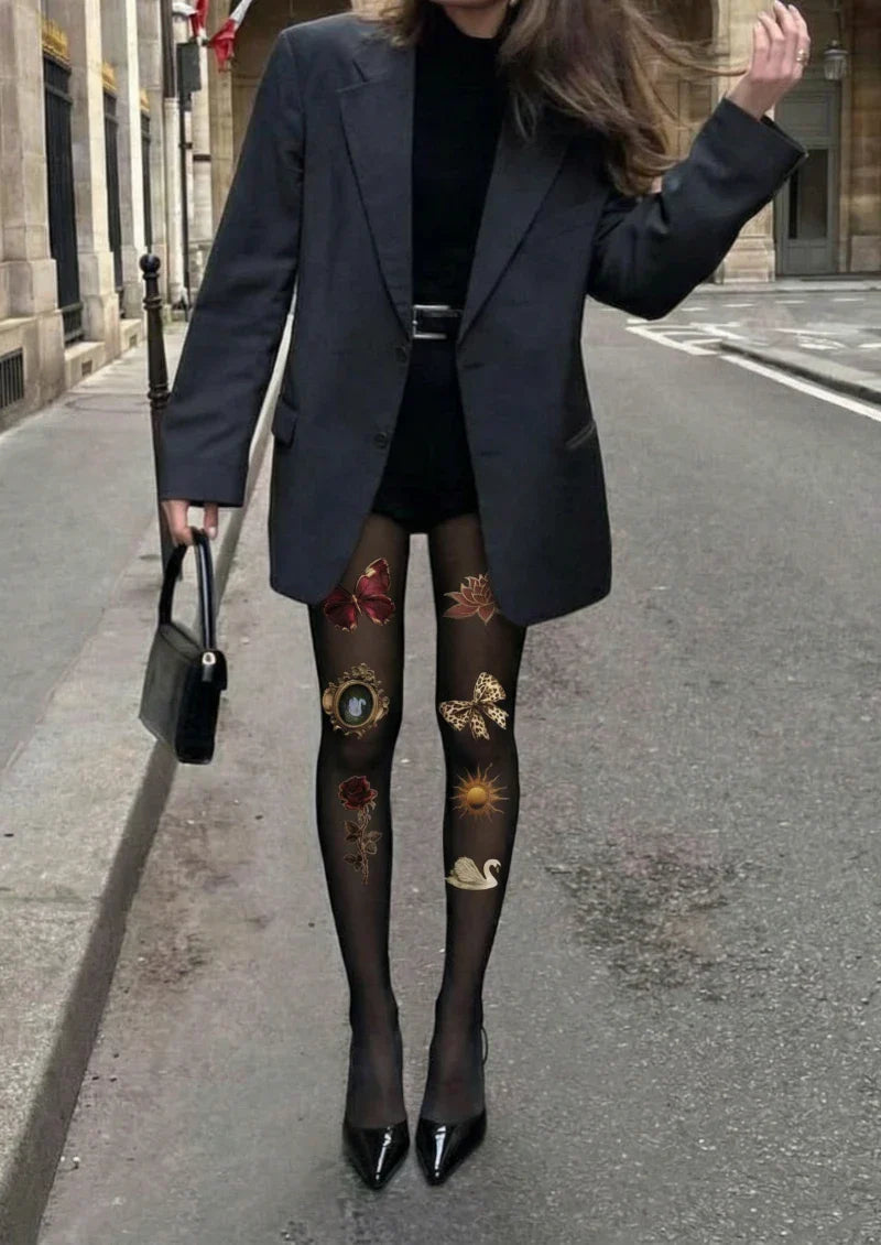 Viken Plan Black Butterfly Floral Tights Hosiery Pantyhose