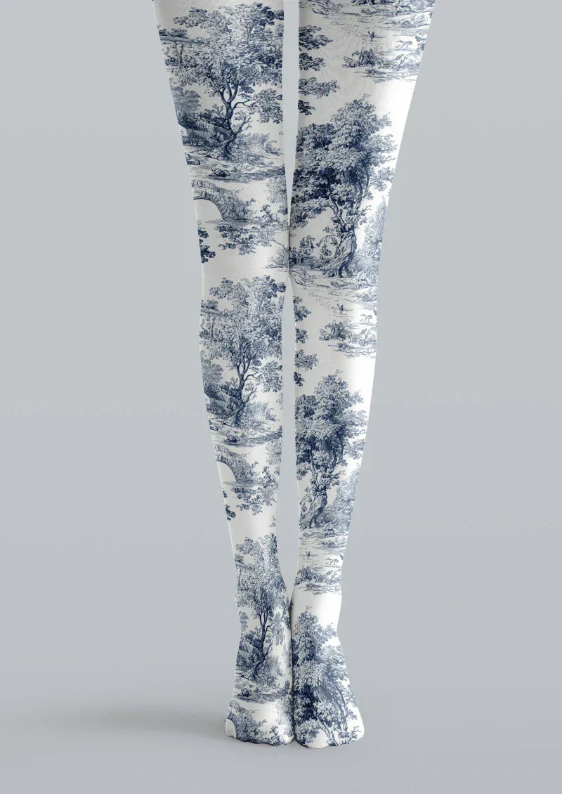 Viken Plan Blue White Floral Jacquard Tights Hosiery Pantyhose