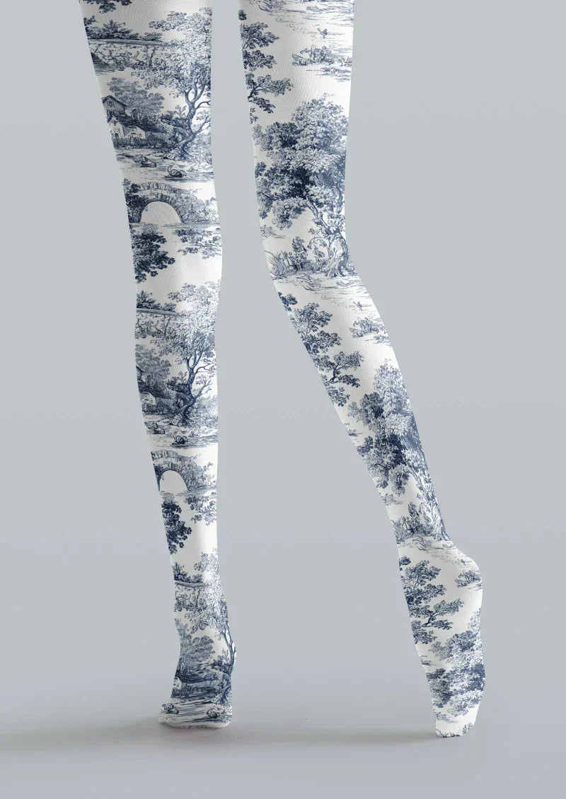 Viken Plan Blue White Floral Jacquard Tights Hosiery Pantyhose