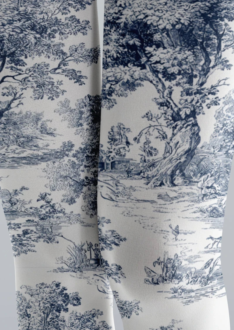 Viken Plan Blue White Floral Jacquard Tights Hosiery Pantyhose