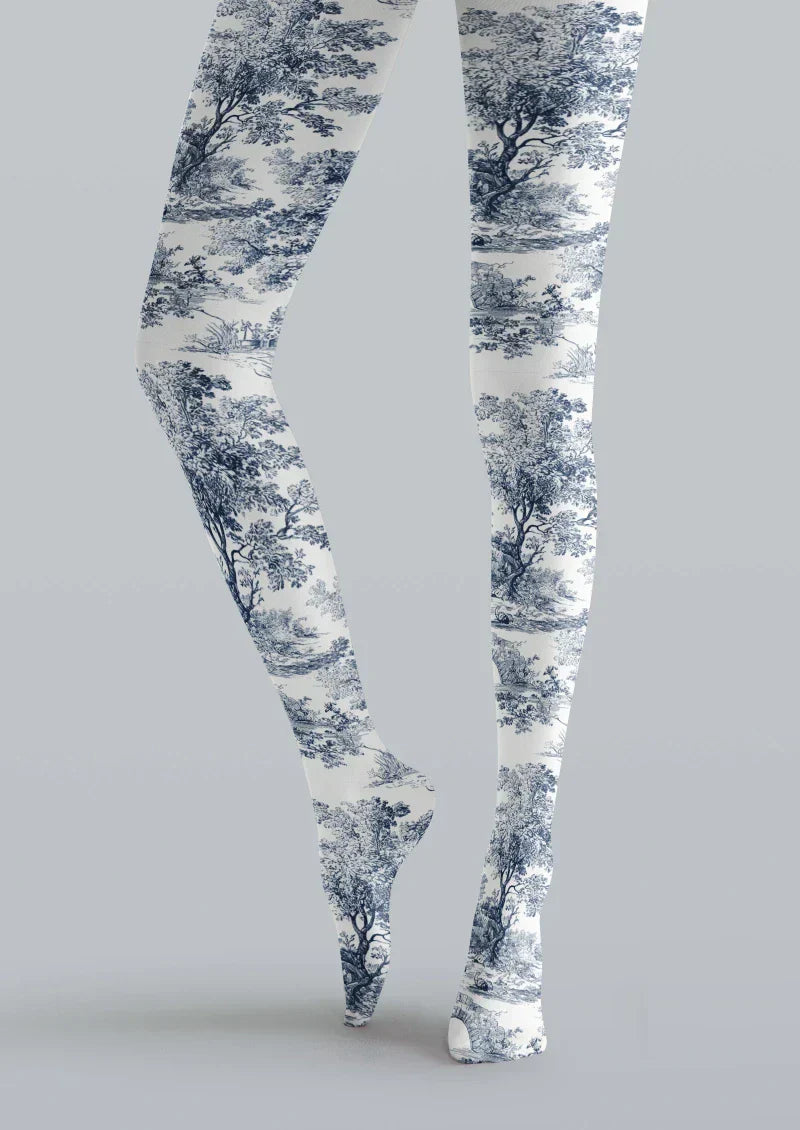 Viken Plan Blue White Floral Jacquard Tights Hosiery Pantyhose