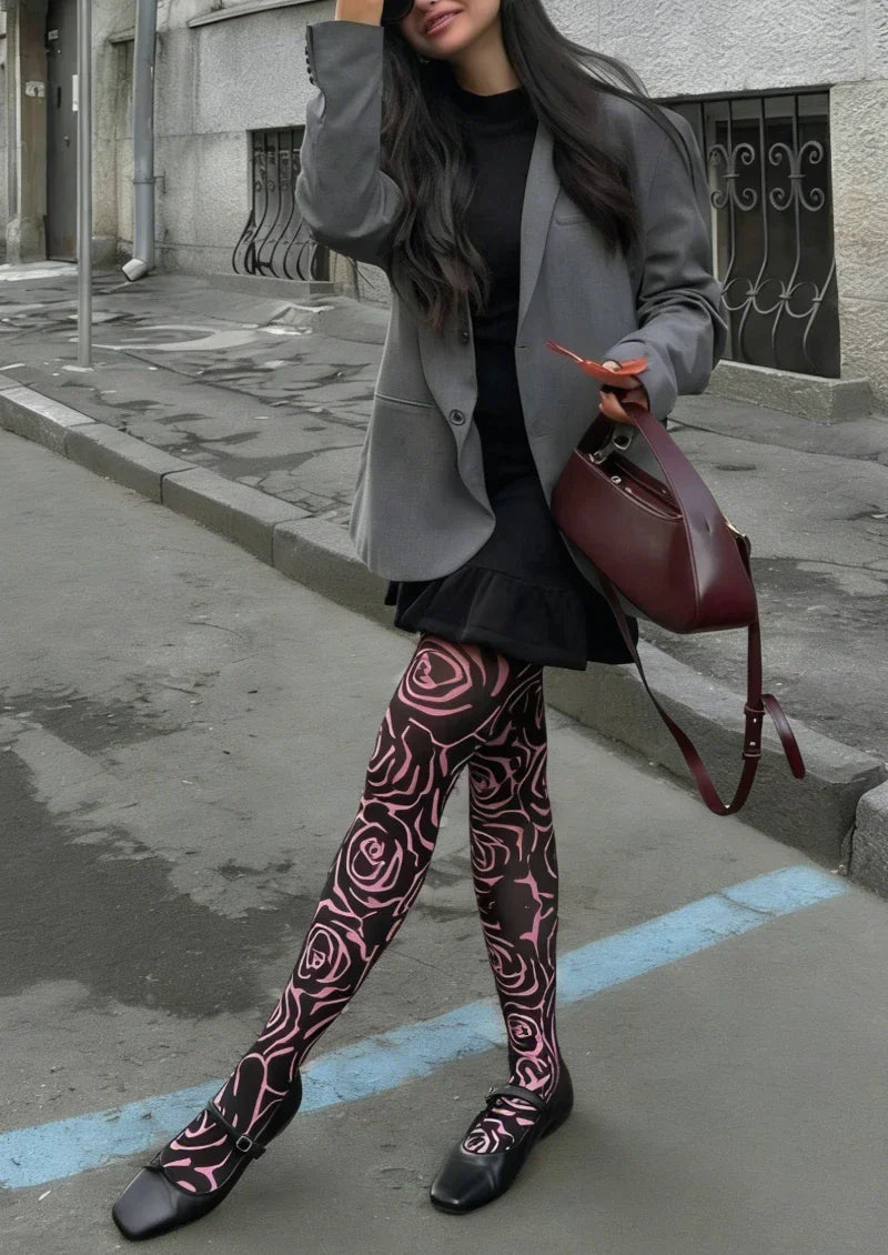 Viken Plan Pink Black Abstract Line Tights Hosiery Pantyhose
