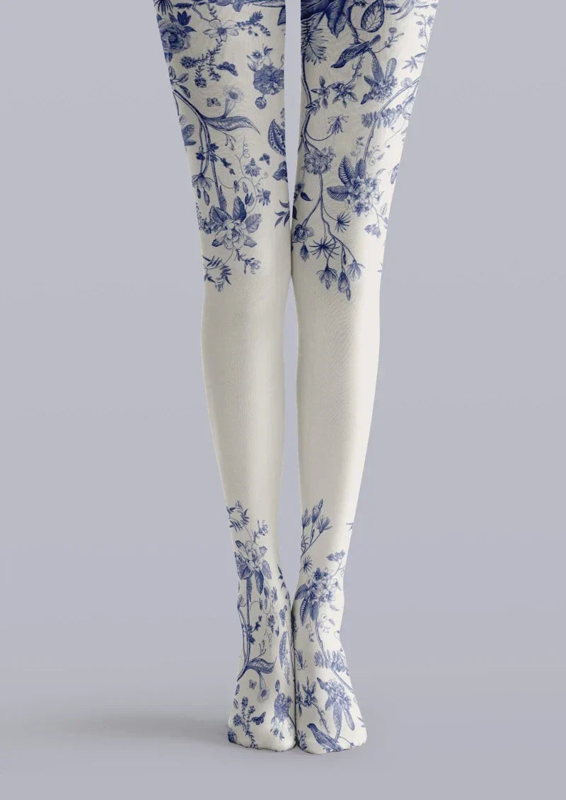 Viken Plan Blue White Porcelain Floral Tights Hosiery Pantyhose